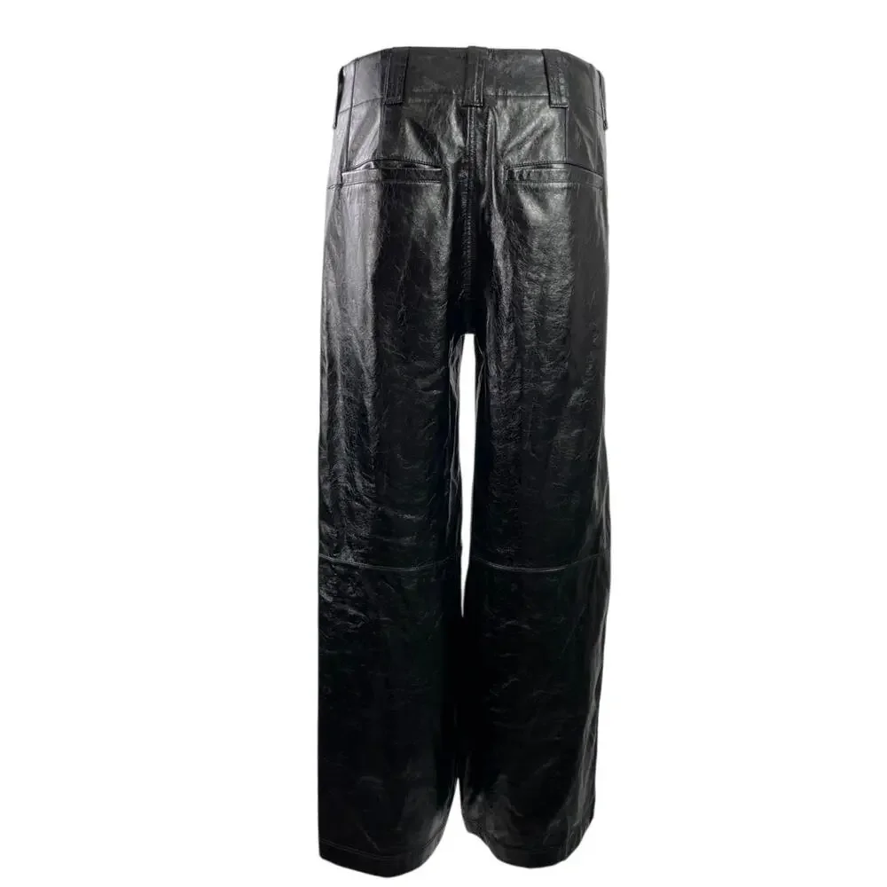 Free People Star Crossed Lovers Black Faux Leather Wide Leg Trousers Pants Sz 4